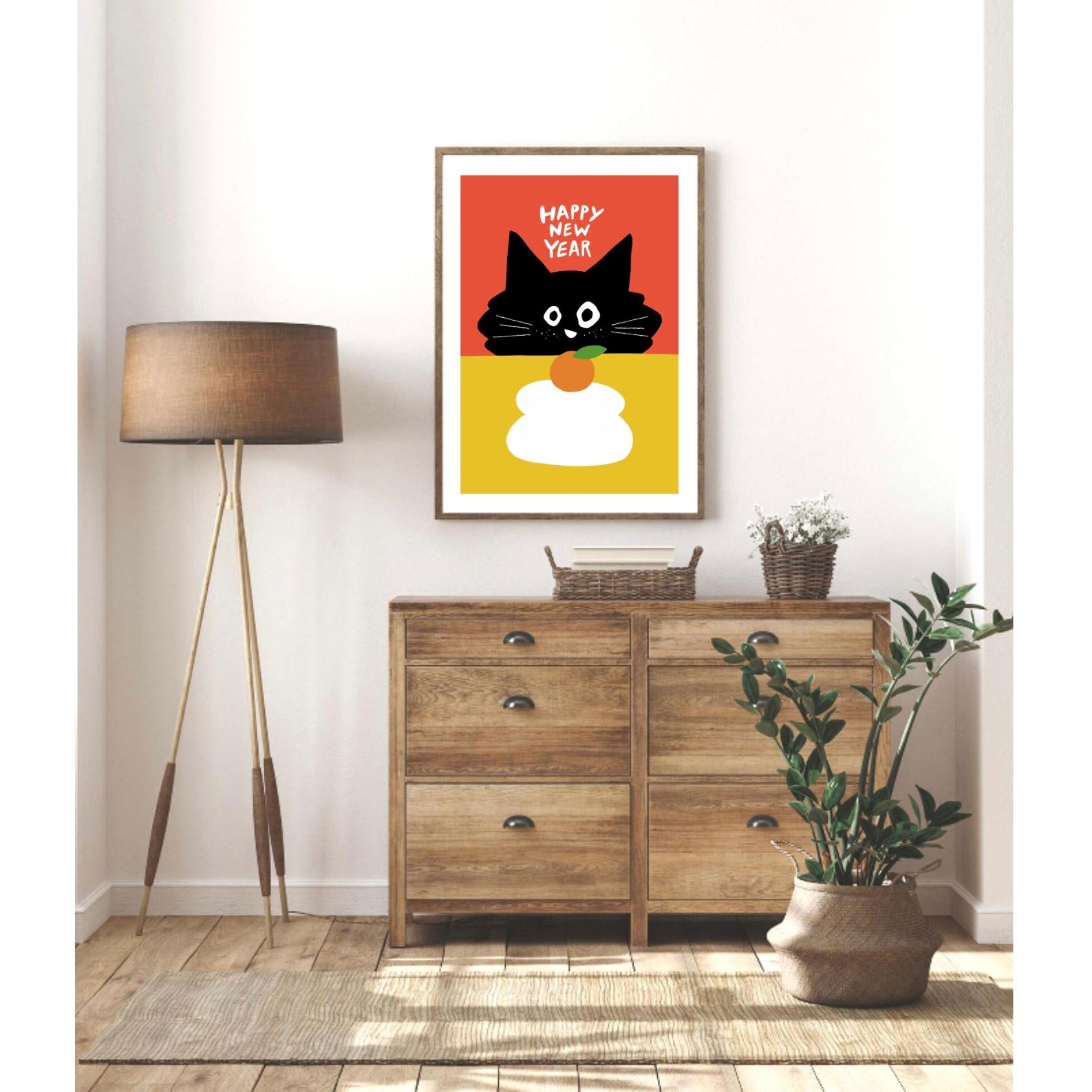 【 Kuroneko Kagamimochi 】 :/178/ 北欧風 アートポスター 黒猫 ねこ お正月 年賀 新年 | 7枚目